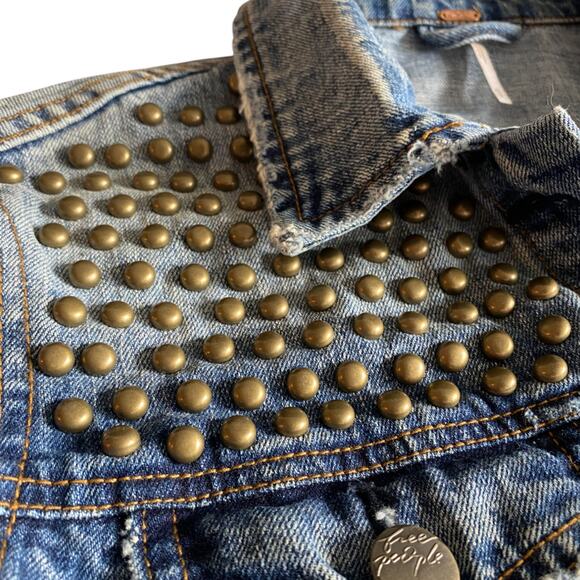 Free People : Brass-tone Studded Patchwork Distressed Boho Denim Jacket : XS - Picture 5 of 16